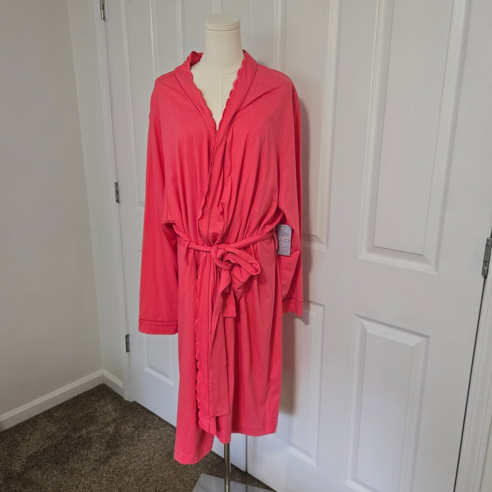 Catherines Robe Womens 4X 30/32W Coral Pink Scalloped Trim Cotton Blend Wrap NWT
